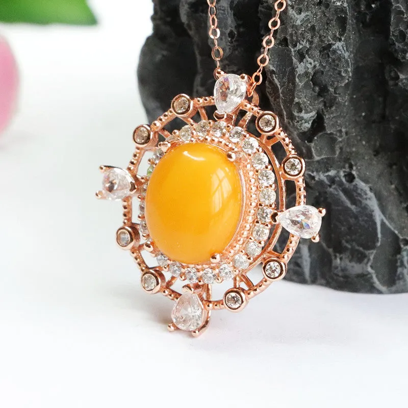 Hollow Rose Gold Necklace with Beeswax Amber Pendant and Zircon Detail on Sterling Silver Chain