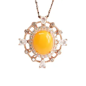 Hollow Rose Gold Necklace with Beeswax Amber Pendant and Zircon Detail on Sterling Silver Chain