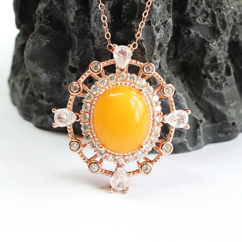 Hollow Rose Gold Necklace with Beeswax Amber Pendant and Zircon Detail on Sterling Silver Chain