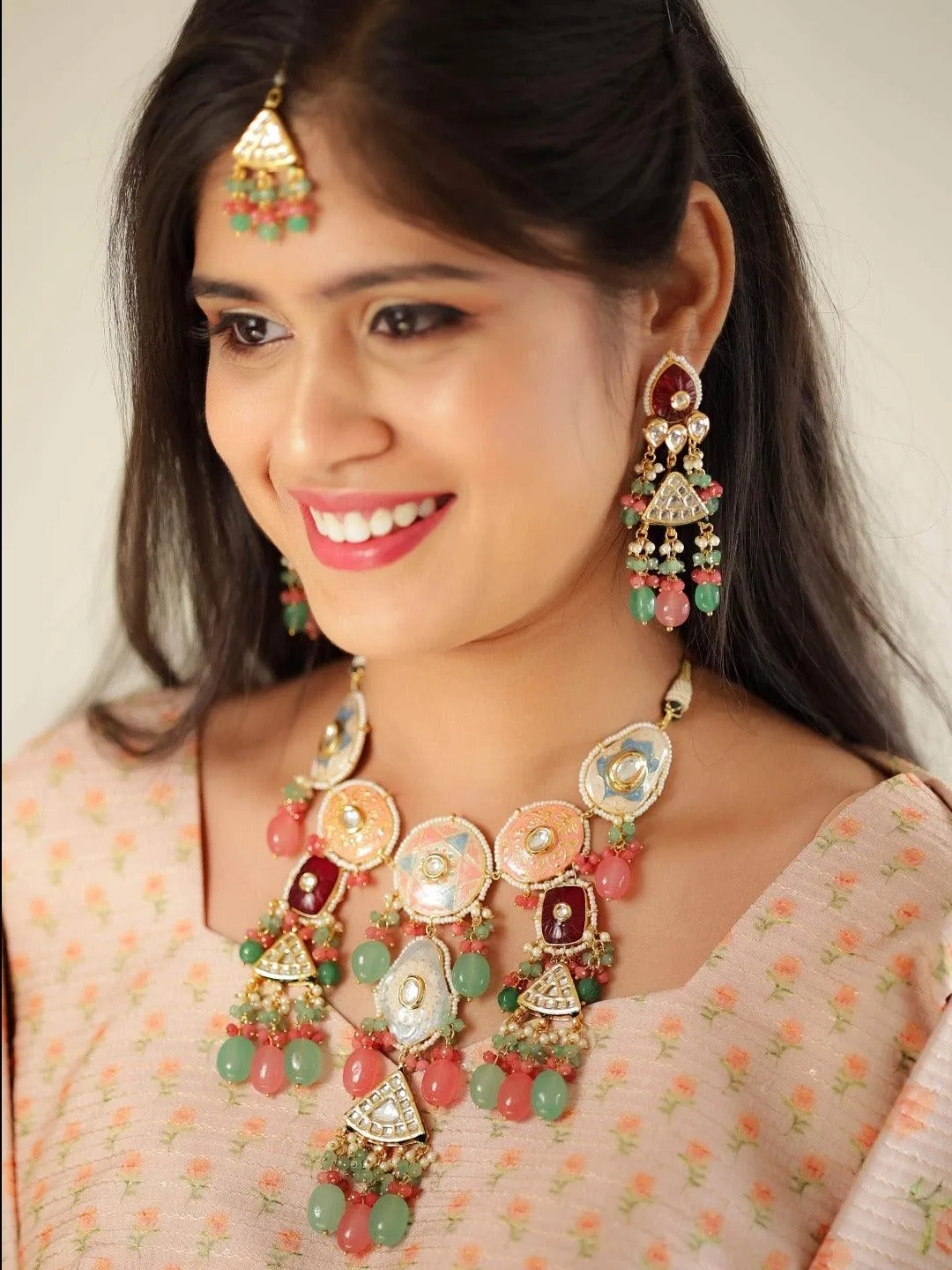 Ishhaara Bride In Hand Painted Kundan Meena Necklace Set