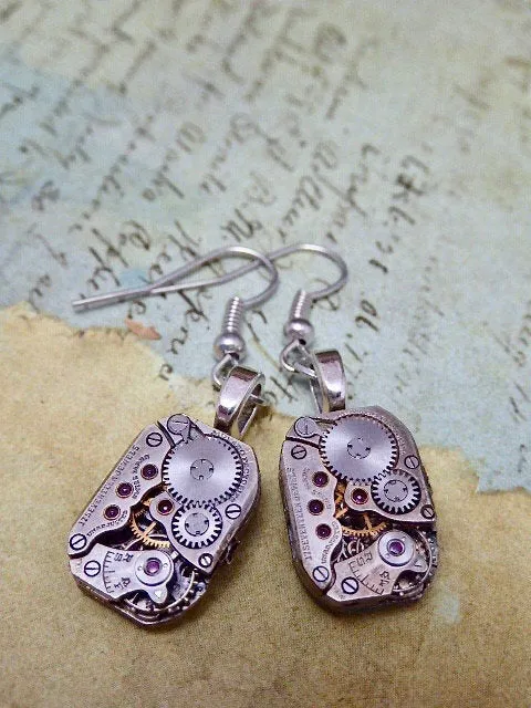 Jeweled Watch movement earrings  - Steampunk Earrings - Watch Movements -  Repurposed art