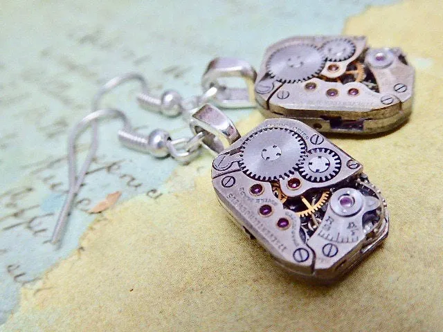 Jeweled Watch movement earrings  - Steampunk Earrings - Watch Movements -  Repurposed art