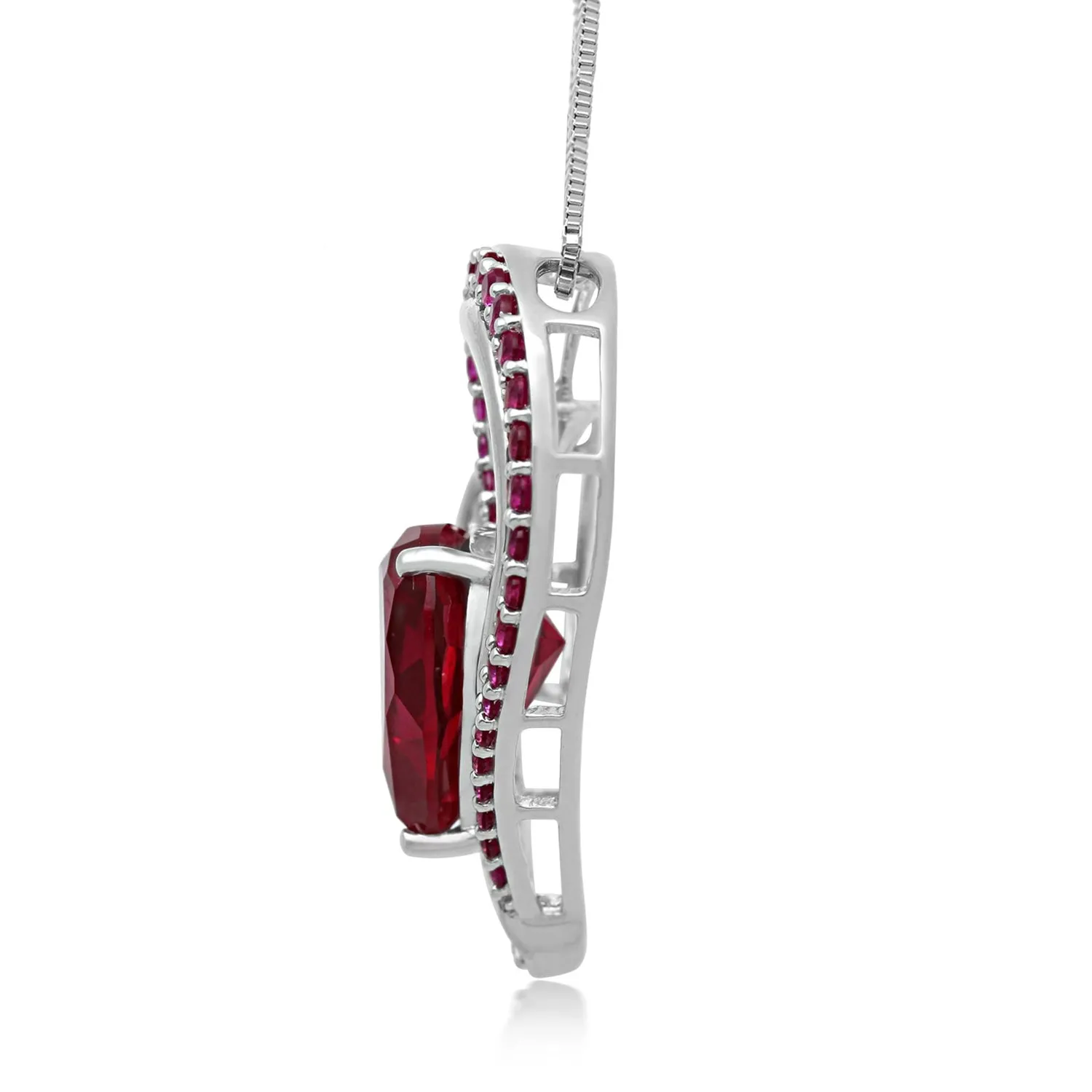 Jewelili Sterling Silver with Heart Created Ruby and Round Created White Sapphire Trill Pendant Necklace