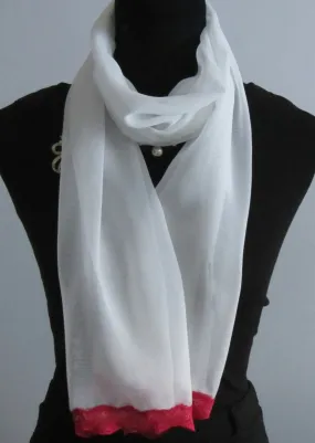 Ladies White Chiffon Scarf With Deep Pink Lace Trim