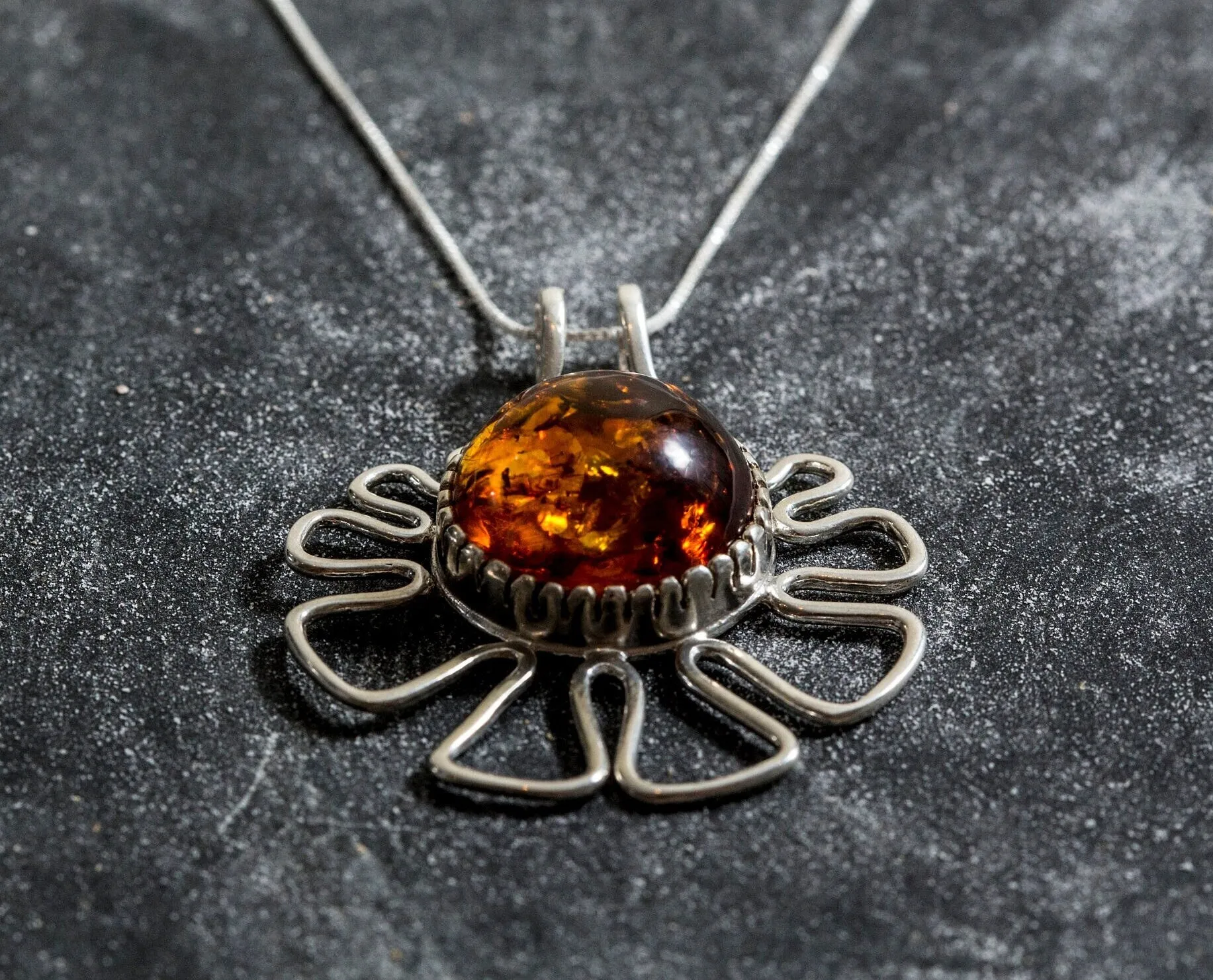 Large Amber Pendant - Natural Amber Necklace - Statement Flower Necklace