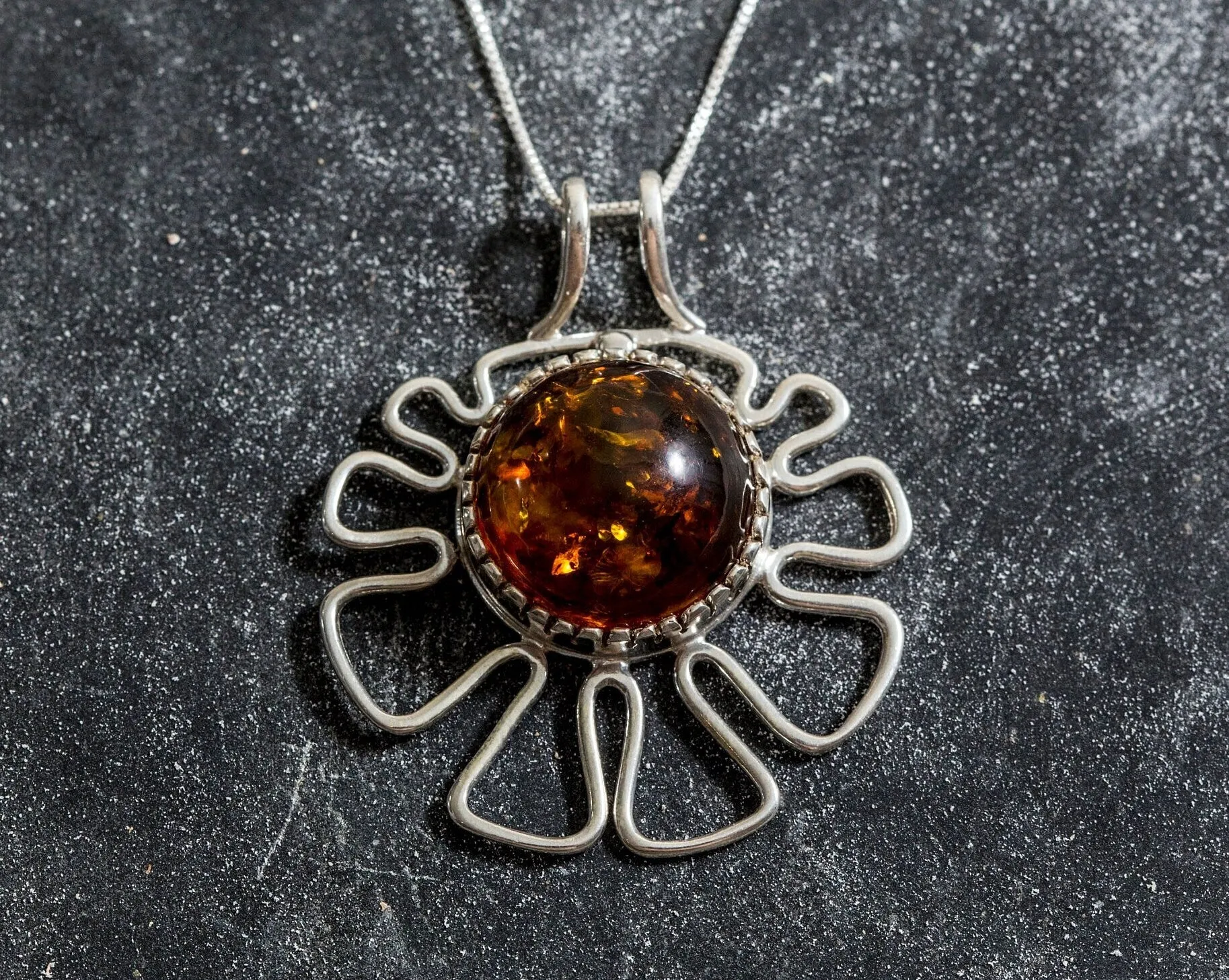 Large Amber Pendant - Natural Amber Necklace - Statement Flower Necklace