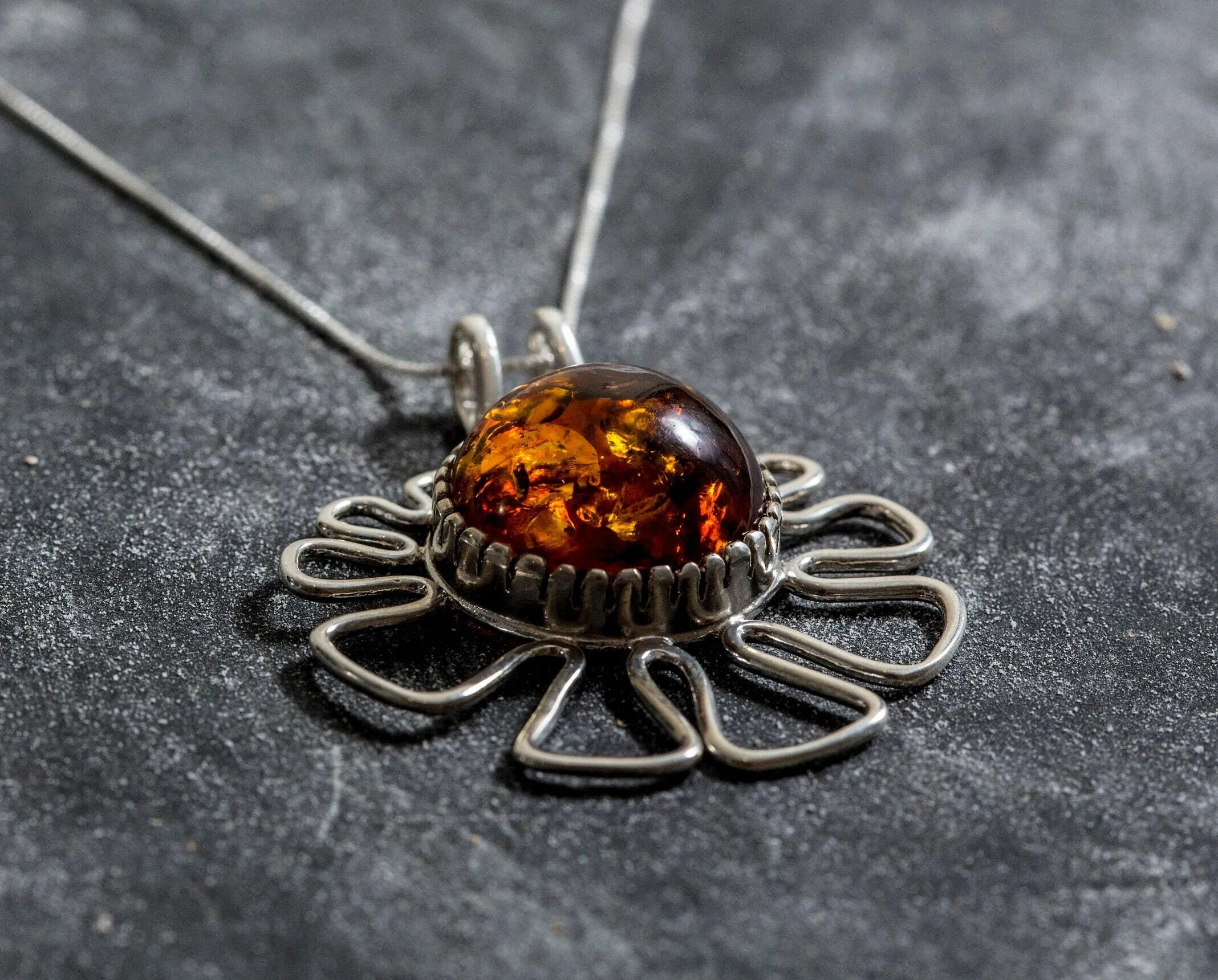 Large Amber Pendant - Natural Amber Necklace - Statement Flower Necklace