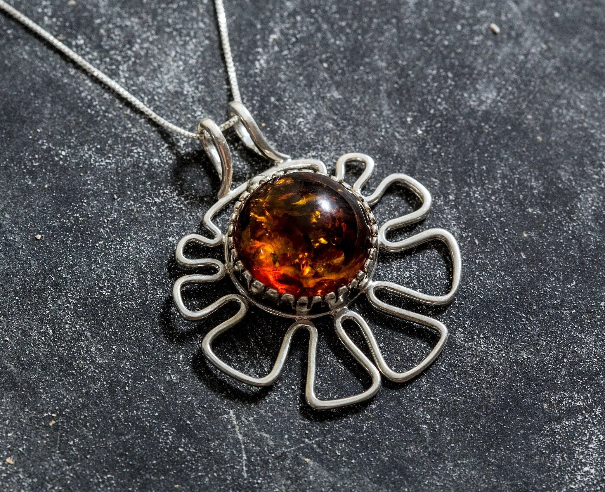 Large Amber Pendant - Natural Amber Necklace - Statement Flower Necklace