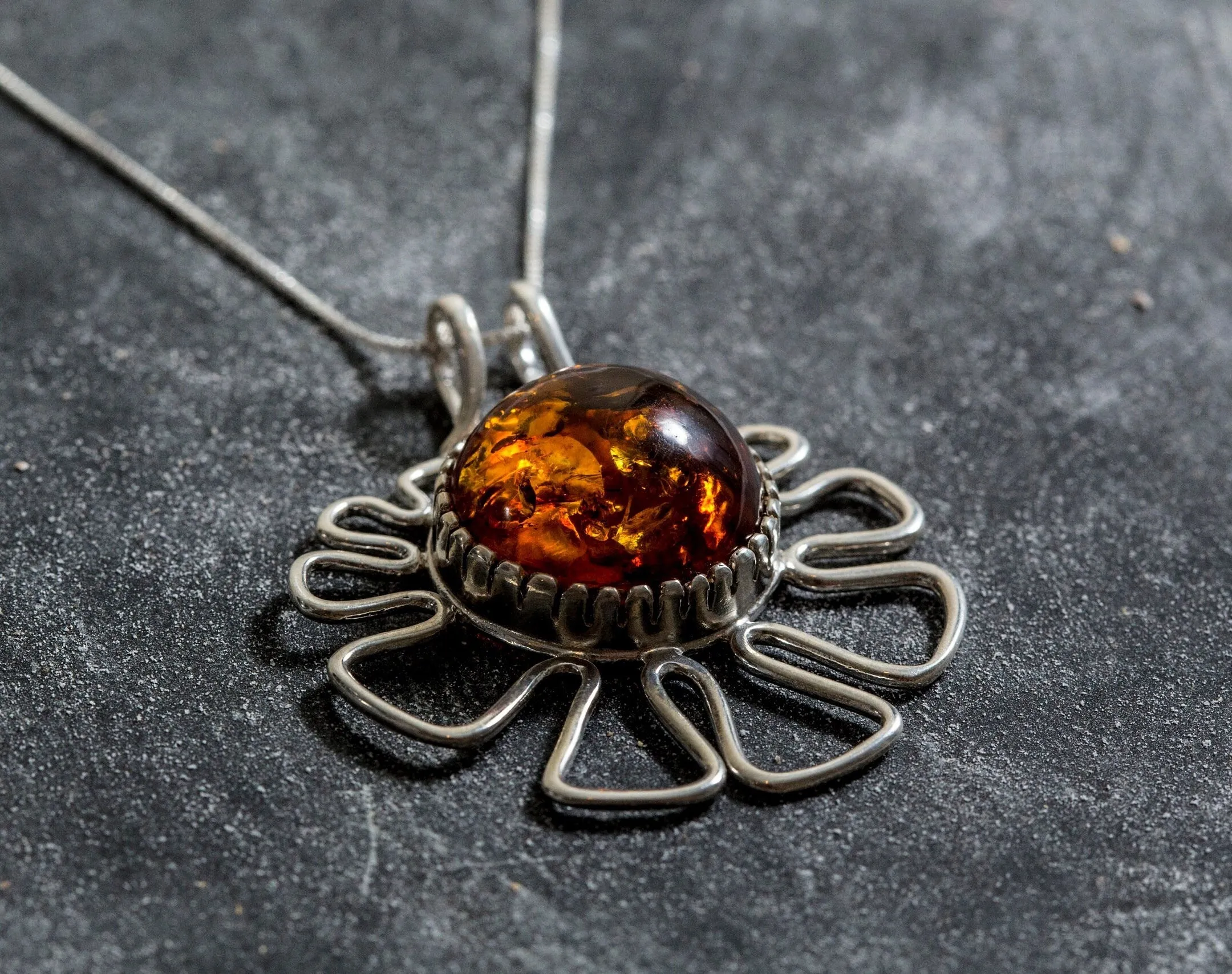 Large Amber Pendant - Natural Amber Necklace - Statement Flower Necklace