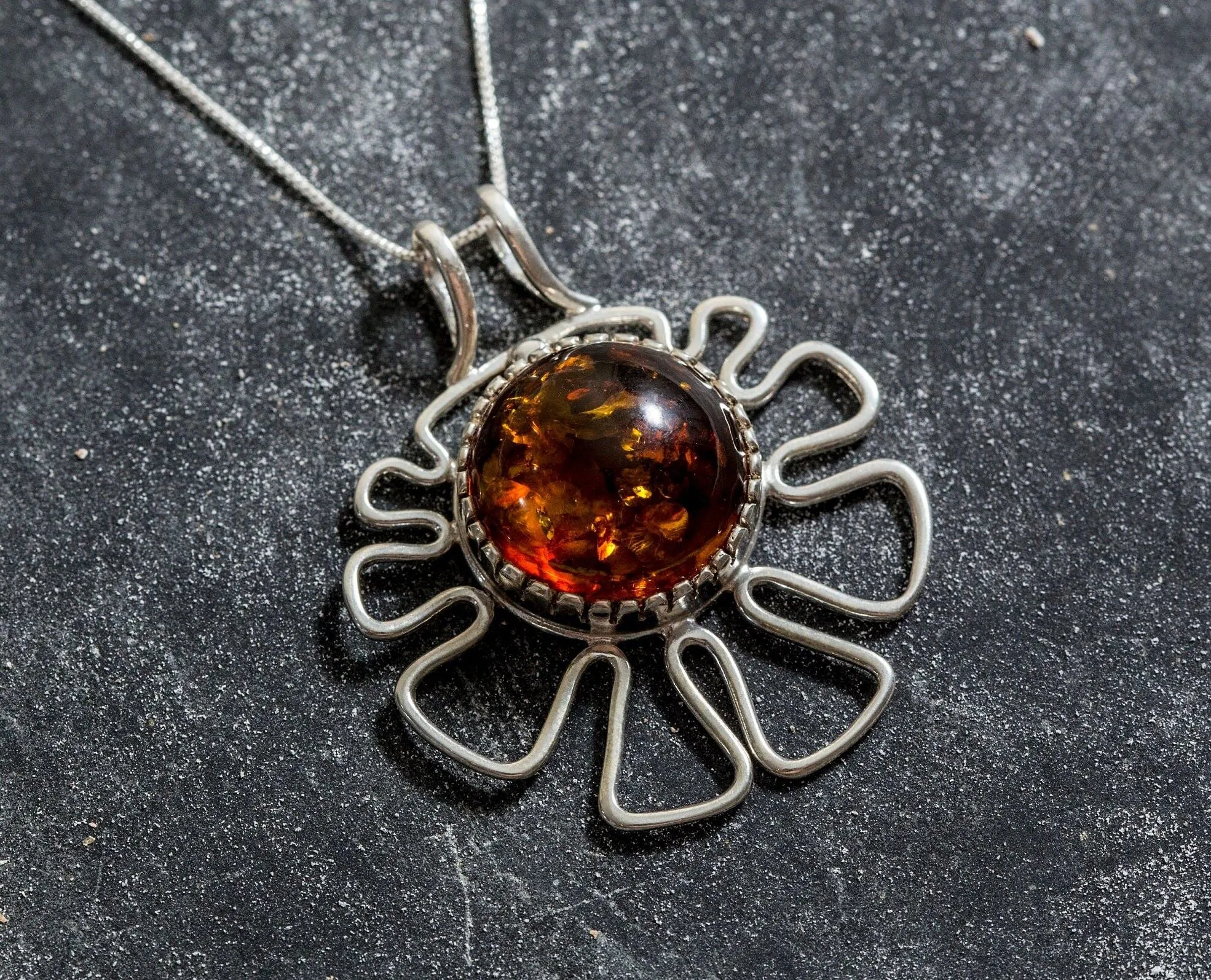 Large Amber Pendant - Natural Amber Necklace - Statement Flower Necklace