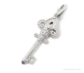 Large Judith Ripka Cubic Zirconia Amethyst Sterling Silver Cable Key Pendant