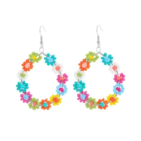 Loop Flower Seed Bead Colorful Drop Hoop Earrings