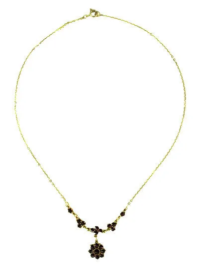 Lovely Victorian Bohemian Garnet Floral Drop Necklace in Sterling Silver and Yellow Gold Vermeil