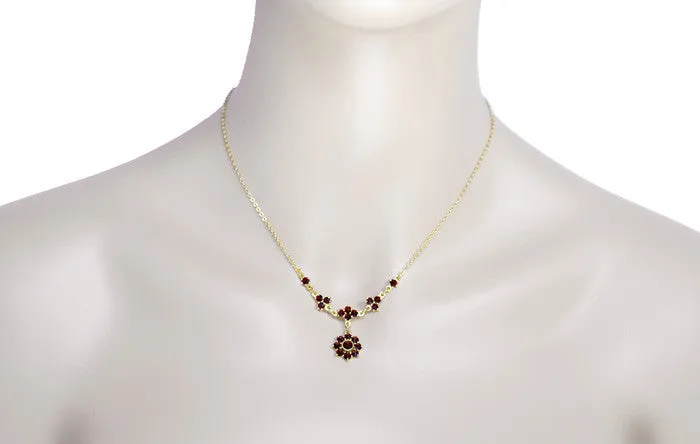 Lovely Victorian Bohemian Garnet Floral Drop Necklace in Sterling Silver and Yellow Gold Vermeil