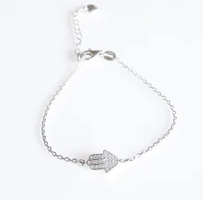 Lucky Hamsa Fatima Glamour Hand Diamond CZ .925 Sterling Silver Waterproof Bracelet