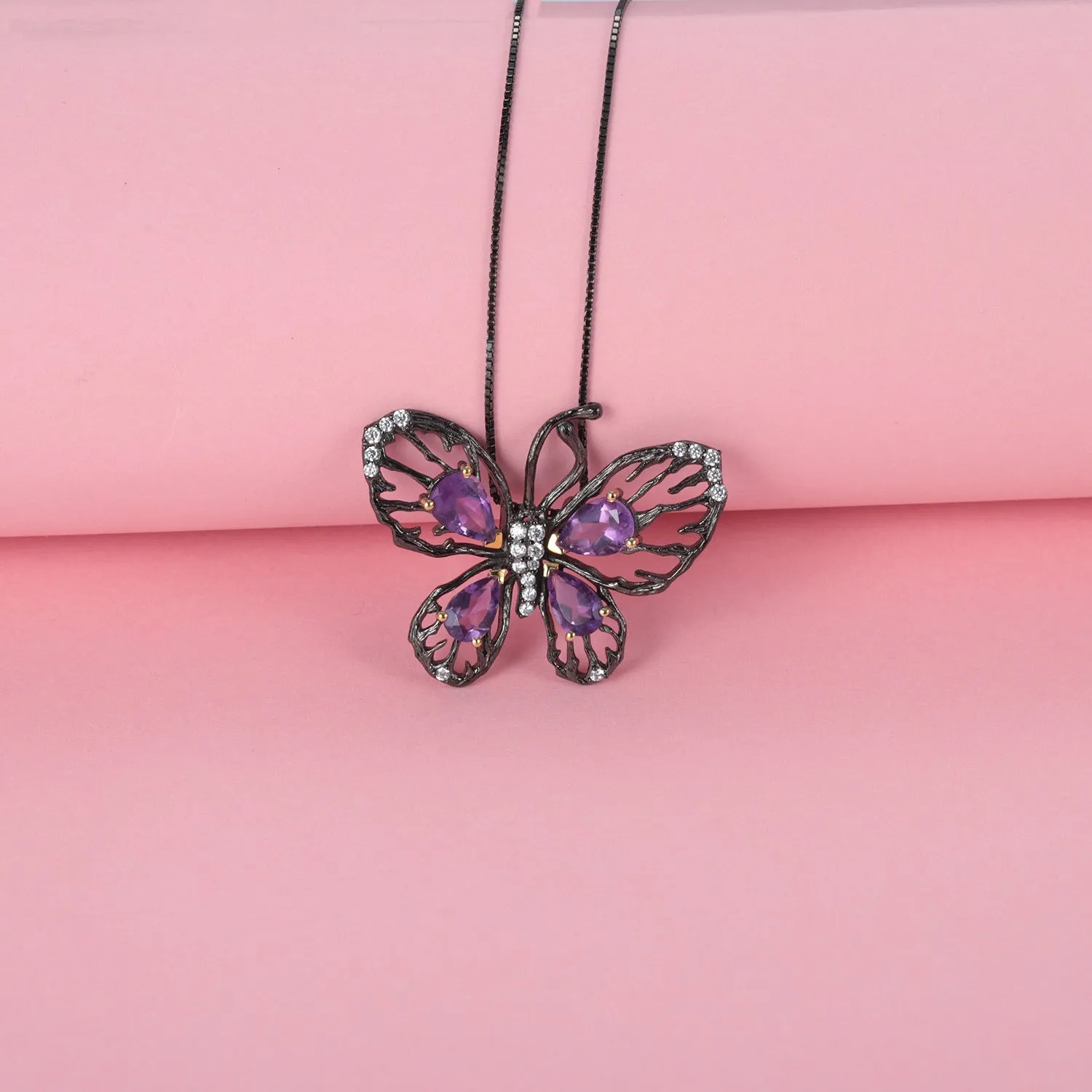 Luxury Butterfly Natural Colourful Gemstone Pendant Silver Necklace for Women