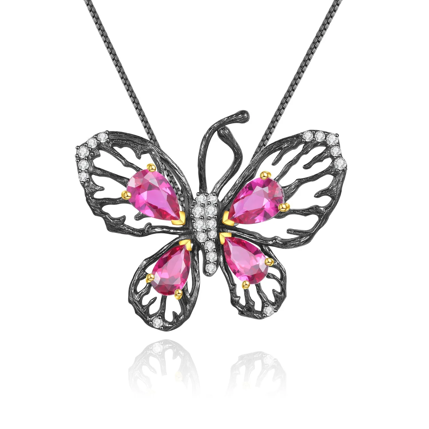 Luxury Butterfly Natural Colourful Gemstone Pendant Silver Necklace for Women