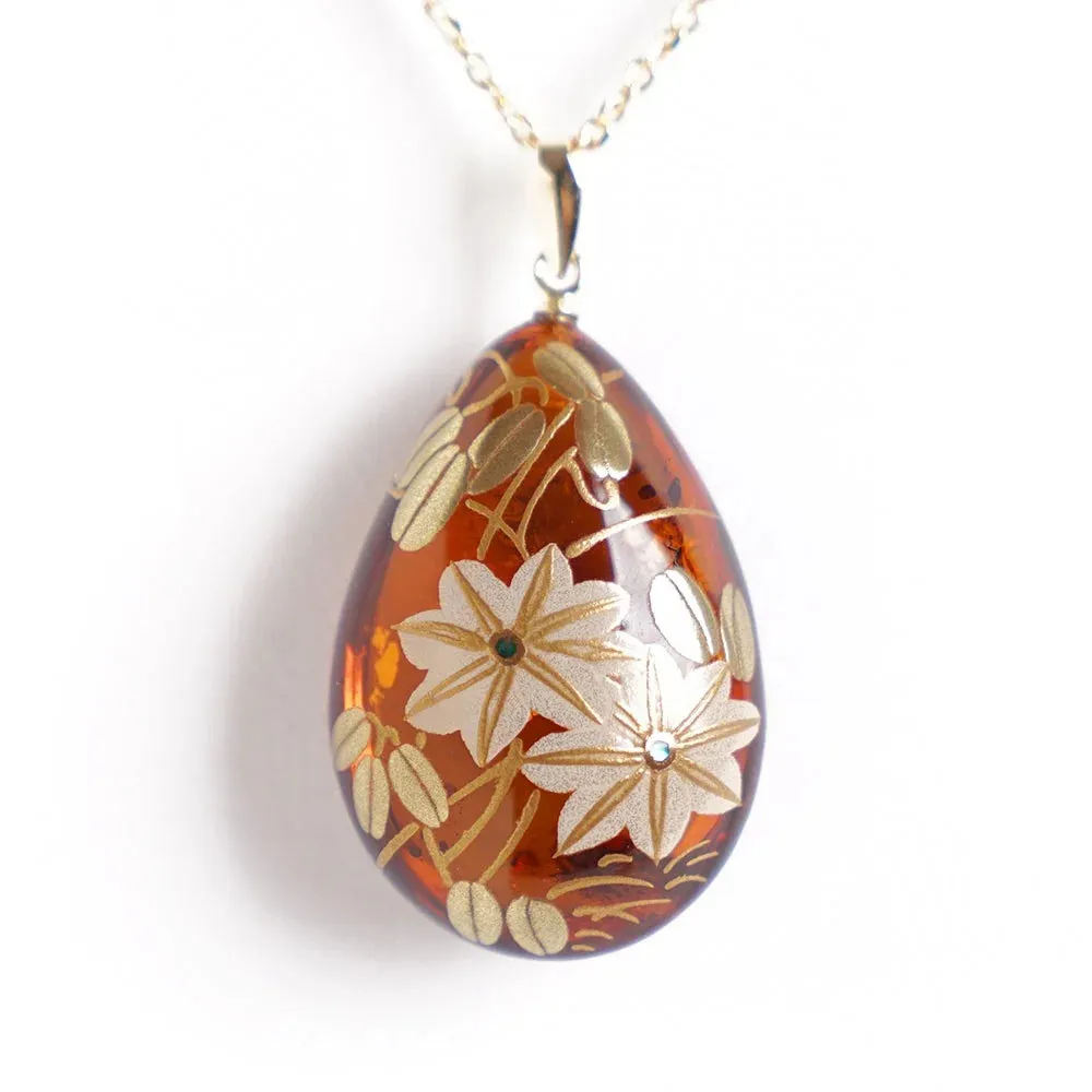 Maki-e Urushi Lacquer Pendant Necklace - Amber / Clematis -, Traditional Japanese Urushi Lacquer Jewelry