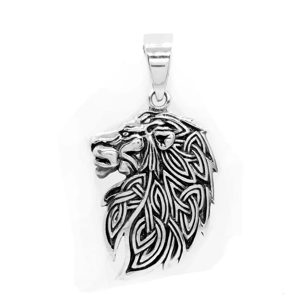 Men's and Women's Silver Pendant - 925 Sterling Silver Celtic Lion King Head Neo Pagan Pendant Necklace