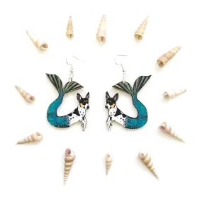 Mermaid Dog Earrings - Rat Terrier - Handmade Wooden Earrings with Stainless Steel Ear Hooks