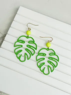 Monstera Color-Coated Outline Dangle Earrings - Green