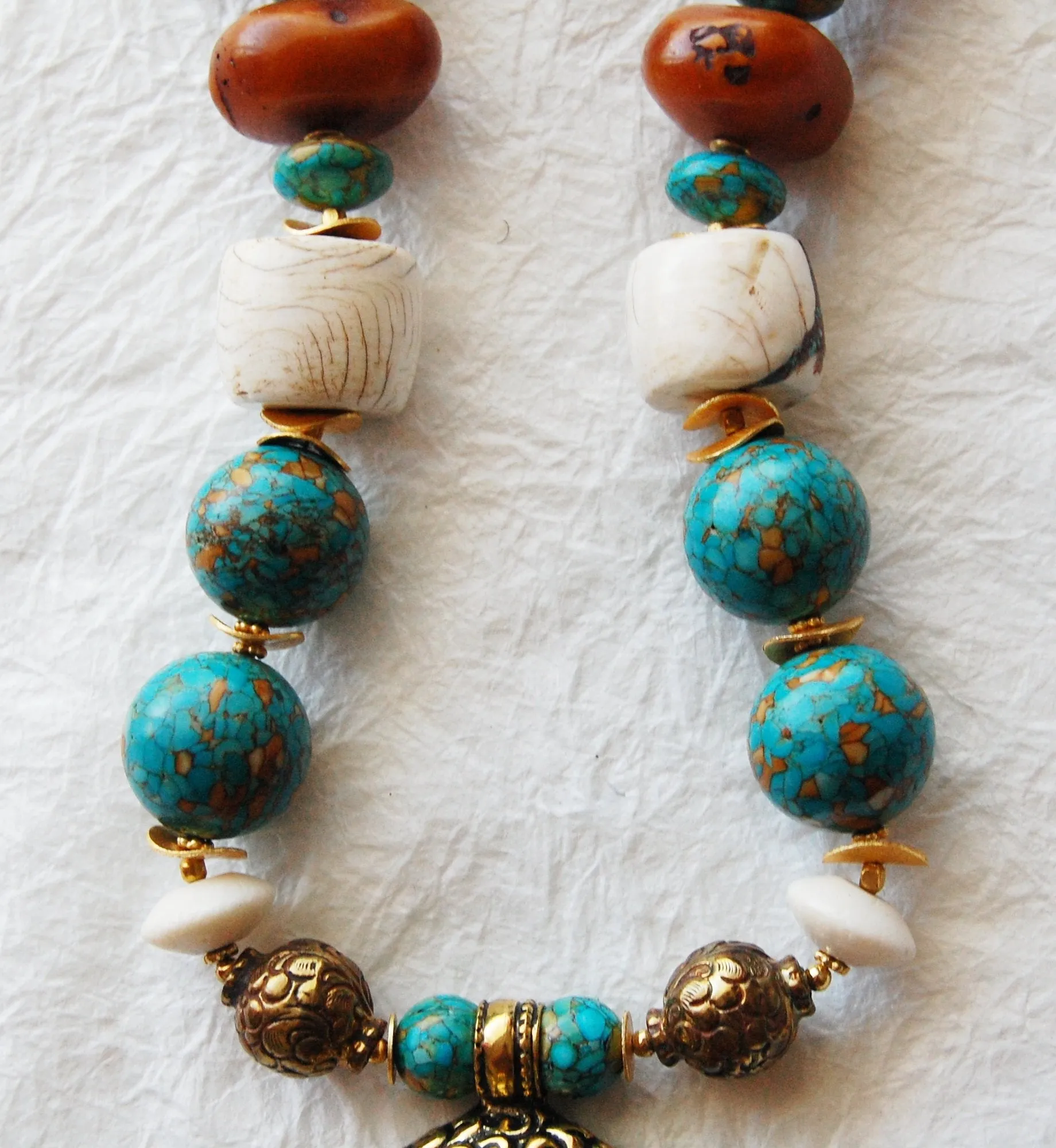 Mosaic Turquoise and Conch Shell Chunky Big Bead Large Buddha Head Zen Inspired Necklace, ZL04174 Big Buddha