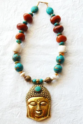 Mosaic Turquoise and Conch Shell Chunky Big Bead Large Buddha Head Zen Inspired Necklace, ZL04174 Big Buddha