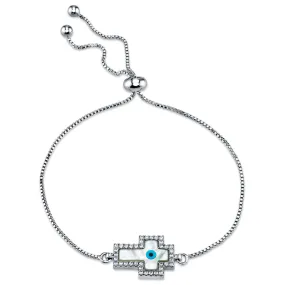 Mother of Pearl Cross Evil Eye Bolo Bracelet with Cubic Zirconia adjustable up to 8.5"