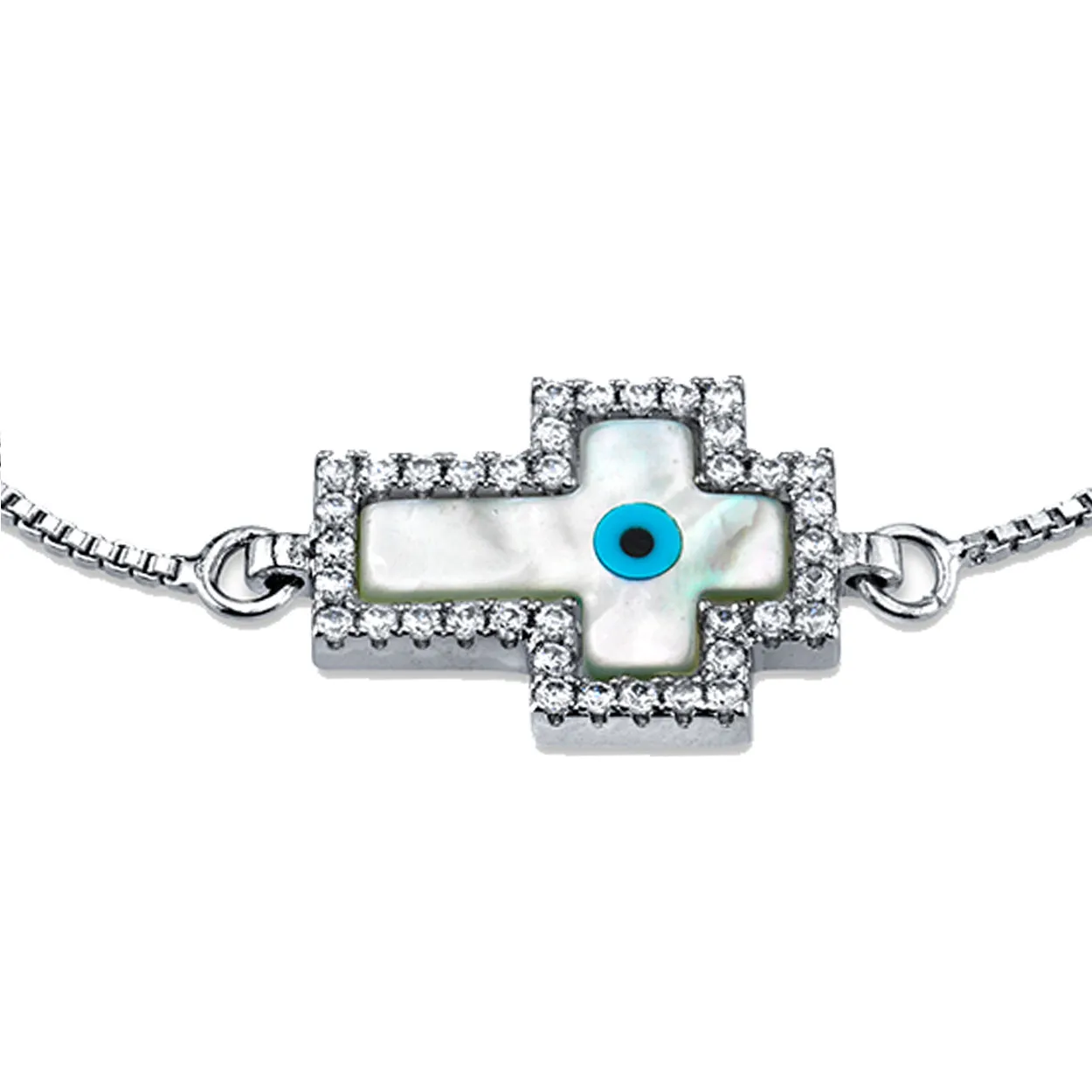 Mother of Pearl Cross Evil Eye Bolo Bracelet with Cubic Zirconia adjustable up to 8.5"