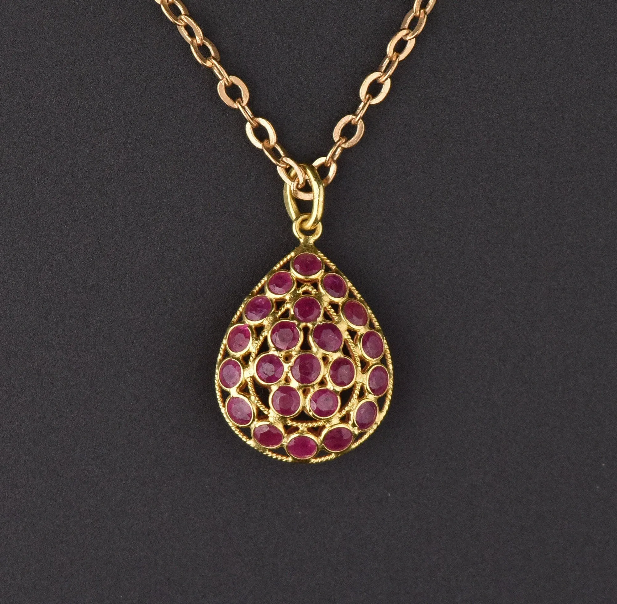 Natural Ruby 18K Gold Filigree Pendant