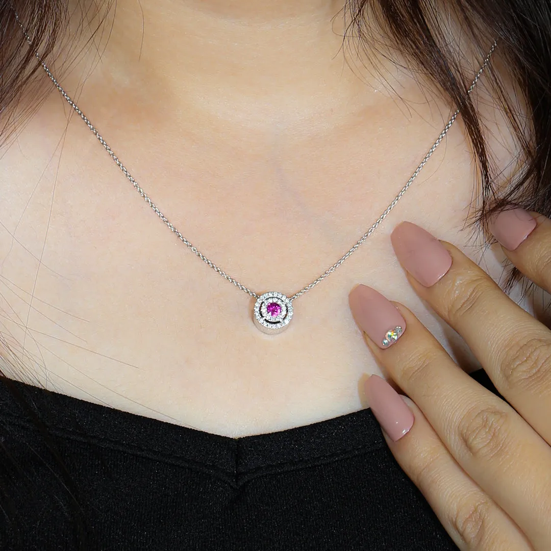 Natural Ruby Diamond Accent Round Pendant 18k White Gold Adjustable Chain Necklace Gift