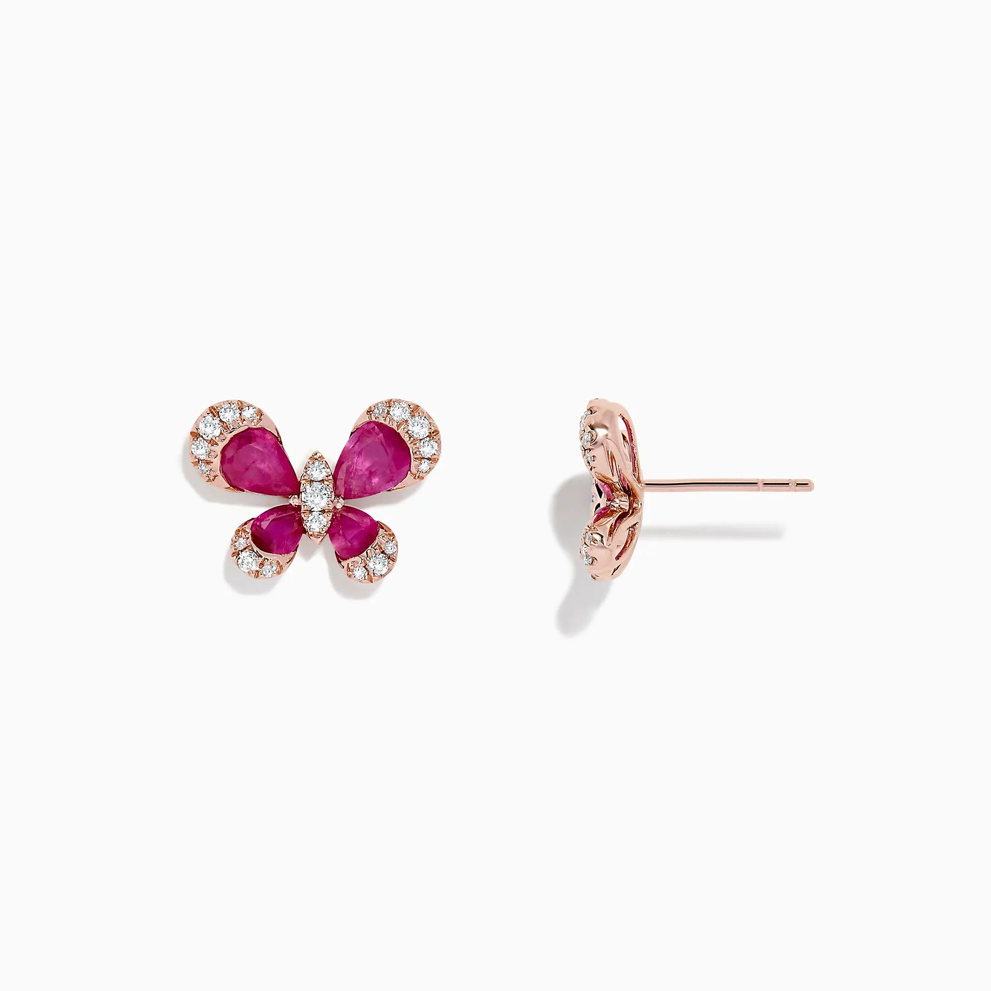 Nature 14K Rose Gold Ruby and Diamond Butterfly Earrings, 2.44 TCW