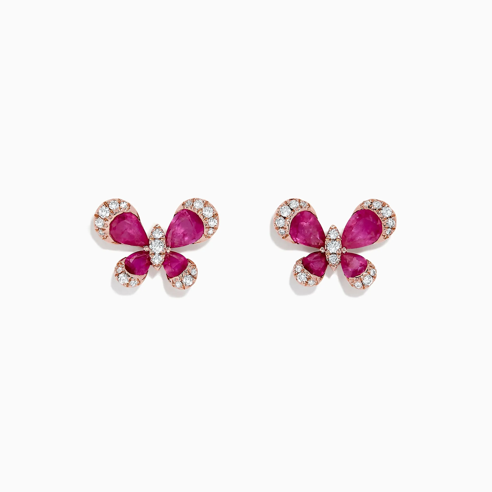 Nature 14K Rose Gold Ruby and Diamond Butterfly Earrings, 2.44 TCW