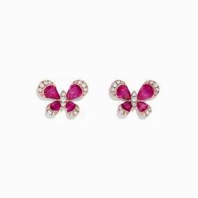 Nature 14K Rose Gold Ruby and Diamond Butterfly Earrings, 2.44 TCW