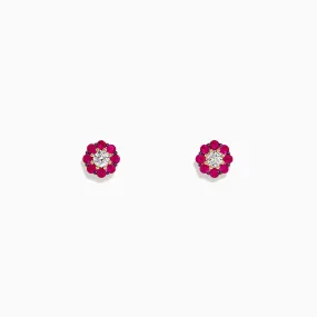 Nature 14K Yellow Gold Ruby and Diamond Flower Earrings, 0.50 TCW