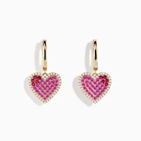 Novelty 14K Yellow Gold Ruby, Pink Sapphire and Diamond Heart Earrings