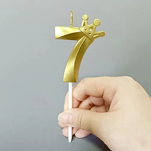 Number 7 Birthday Candle 3D Crown Designed Cake Topper Decorations for Seven Year Old Happy Birthday Candles Anniversaries (Crown-7, Gold)