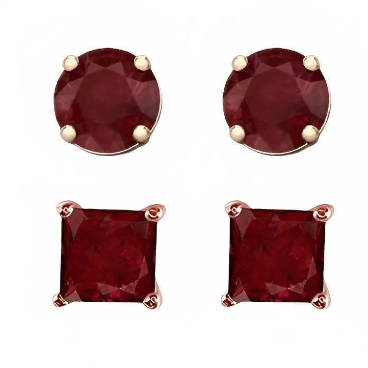 Paris Jewelry 18k Rose Gold 2 Pair Created Ruby 4mm Round & Princess Cut Stud Earrings Plated