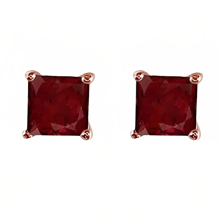 Paris Jewelry 18k Rose Gold 2 Pair Created Ruby 4mm Round & Princess Cut Stud Earrings Plated