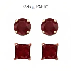 Paris Jewelry 18k Rose Gold 2 Pair Created Ruby 4mm Round & Princess Cut Stud Earrings Plated