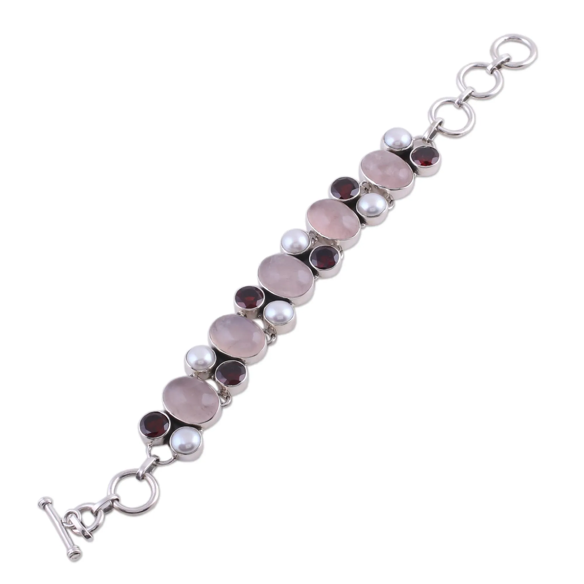 Pearl Rose Quartz and Garnet Bracelet from India - A Spell of Romance | NOVICA