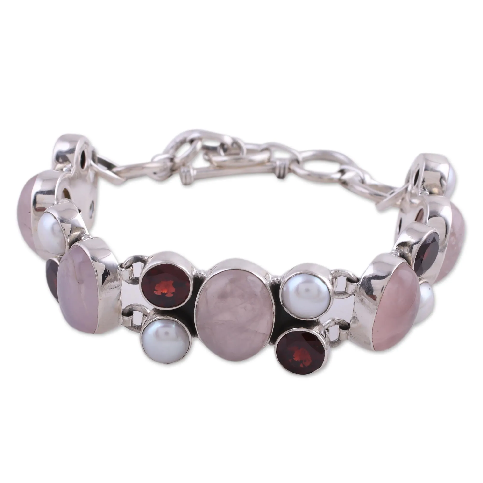 Pearl Rose Quartz and Garnet Bracelet from India - A Spell of Romance | NOVICA