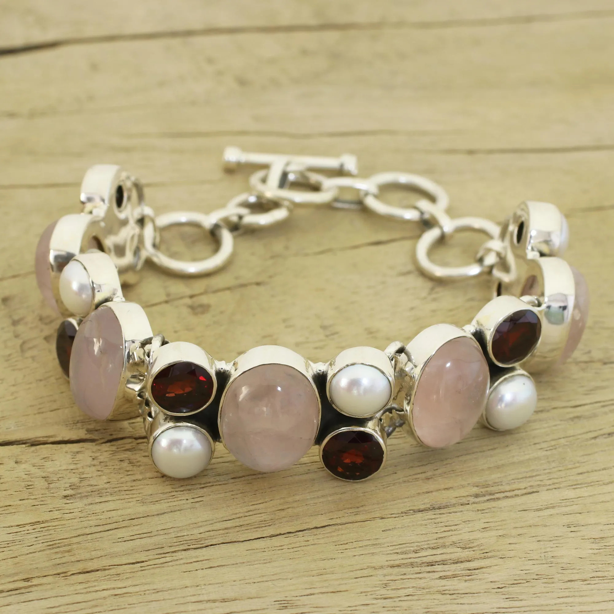 Pearl Rose Quartz and Garnet Bracelet from India - A Spell of Romance | NOVICA