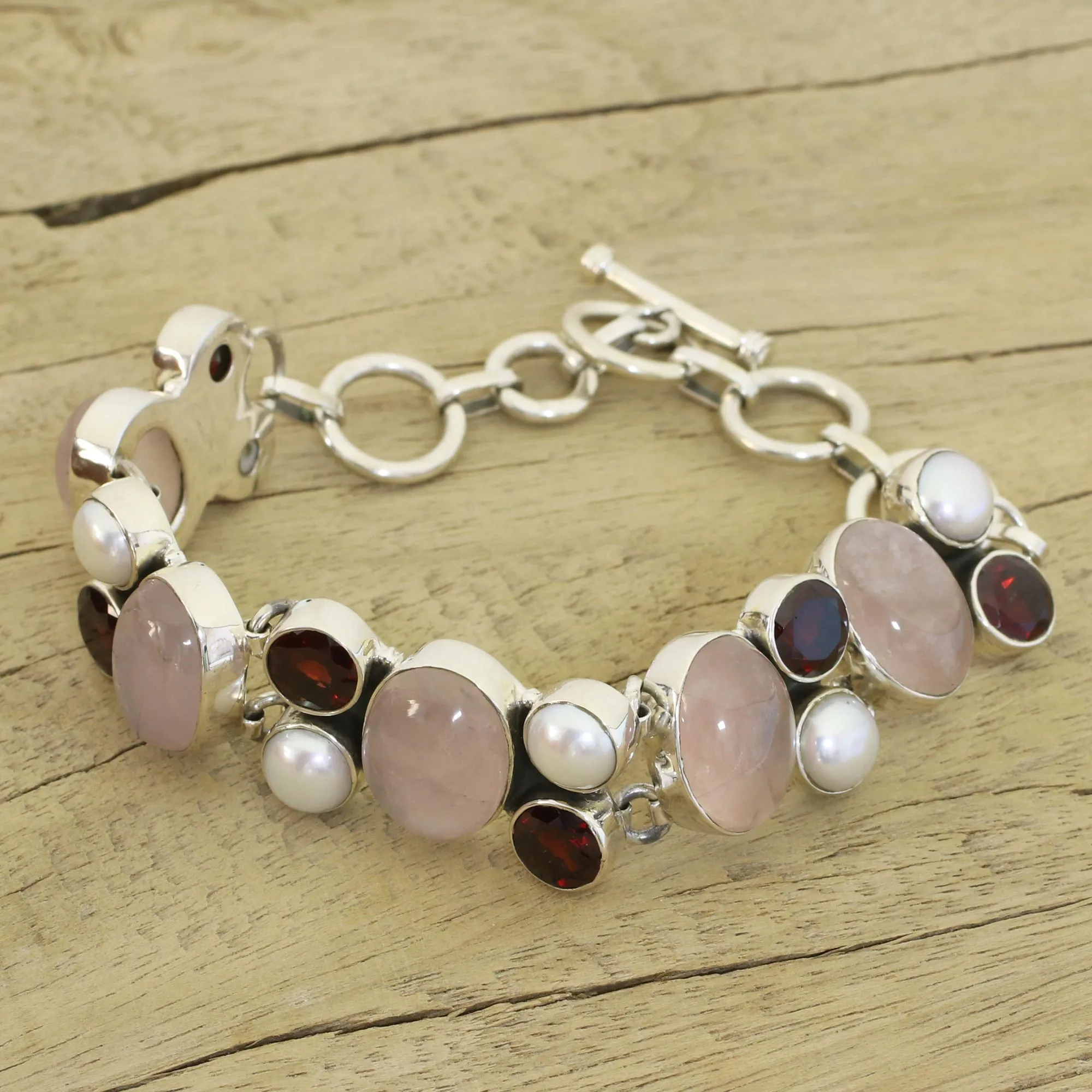 Pearl Rose Quartz and Garnet Bracelet from India - A Spell of Romance | NOVICA