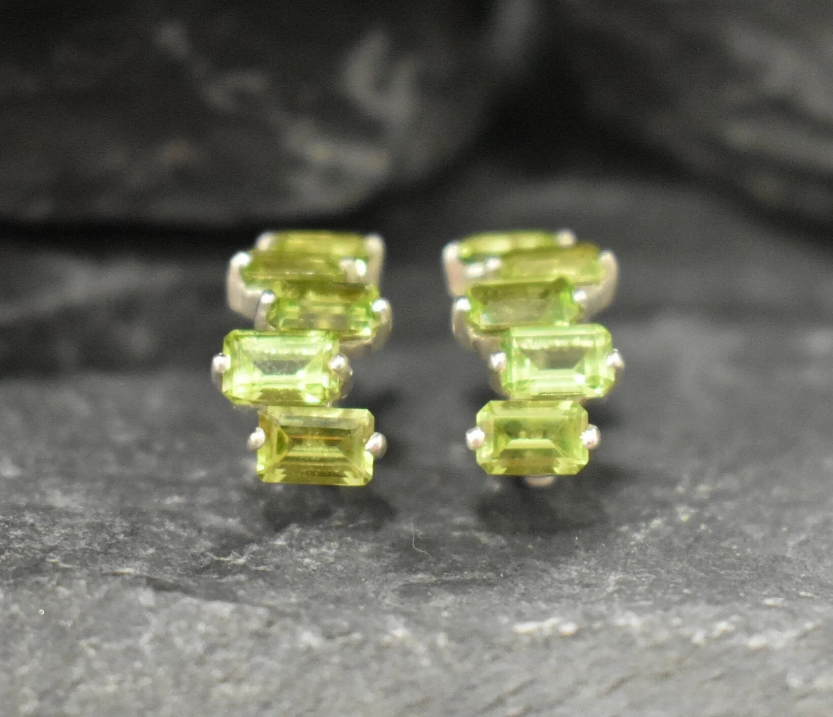 Peridot Earrings - Half Hoops Earrings - Green Baguette Earrings