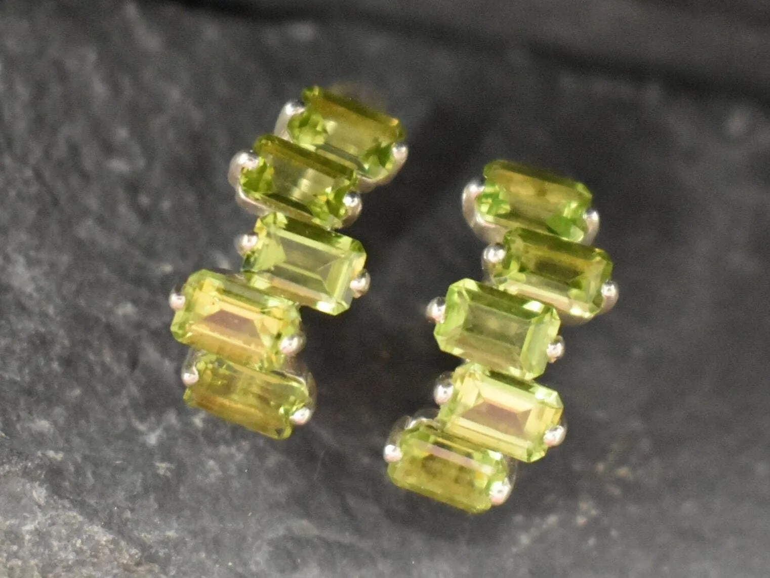 Peridot Earrings - Half Hoops Earrings - Green Baguette Earrings