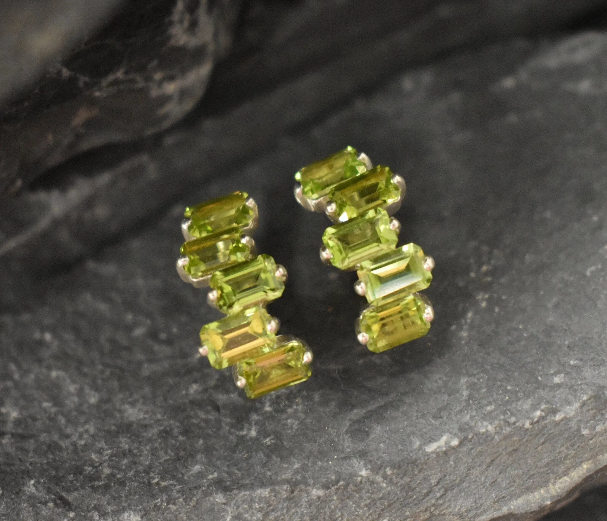 Peridot Earrings - Half Hoops Earrings - Green Baguette Earrings