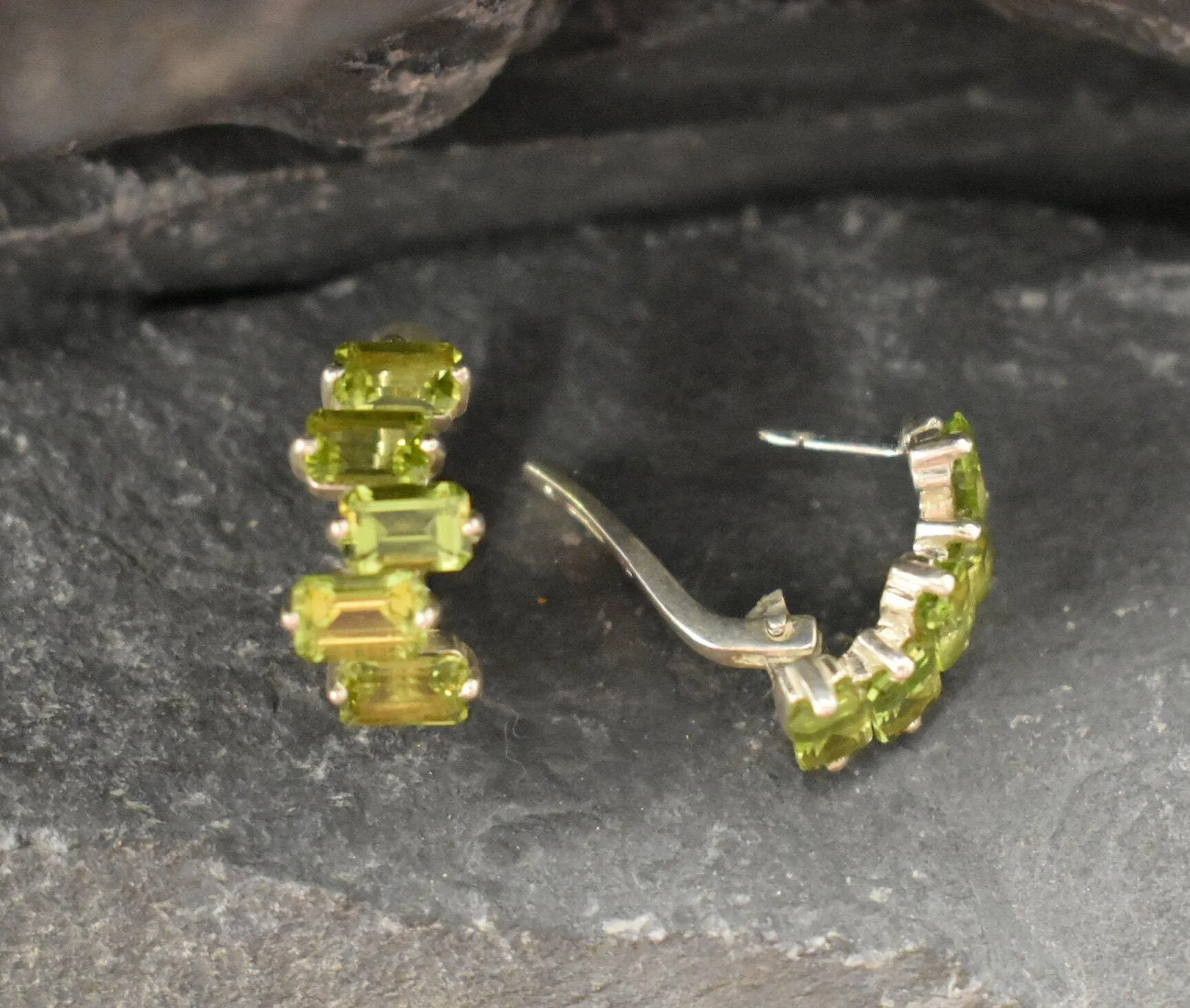 Peridot Earrings - Half Hoops Earrings - Green Baguette Earrings