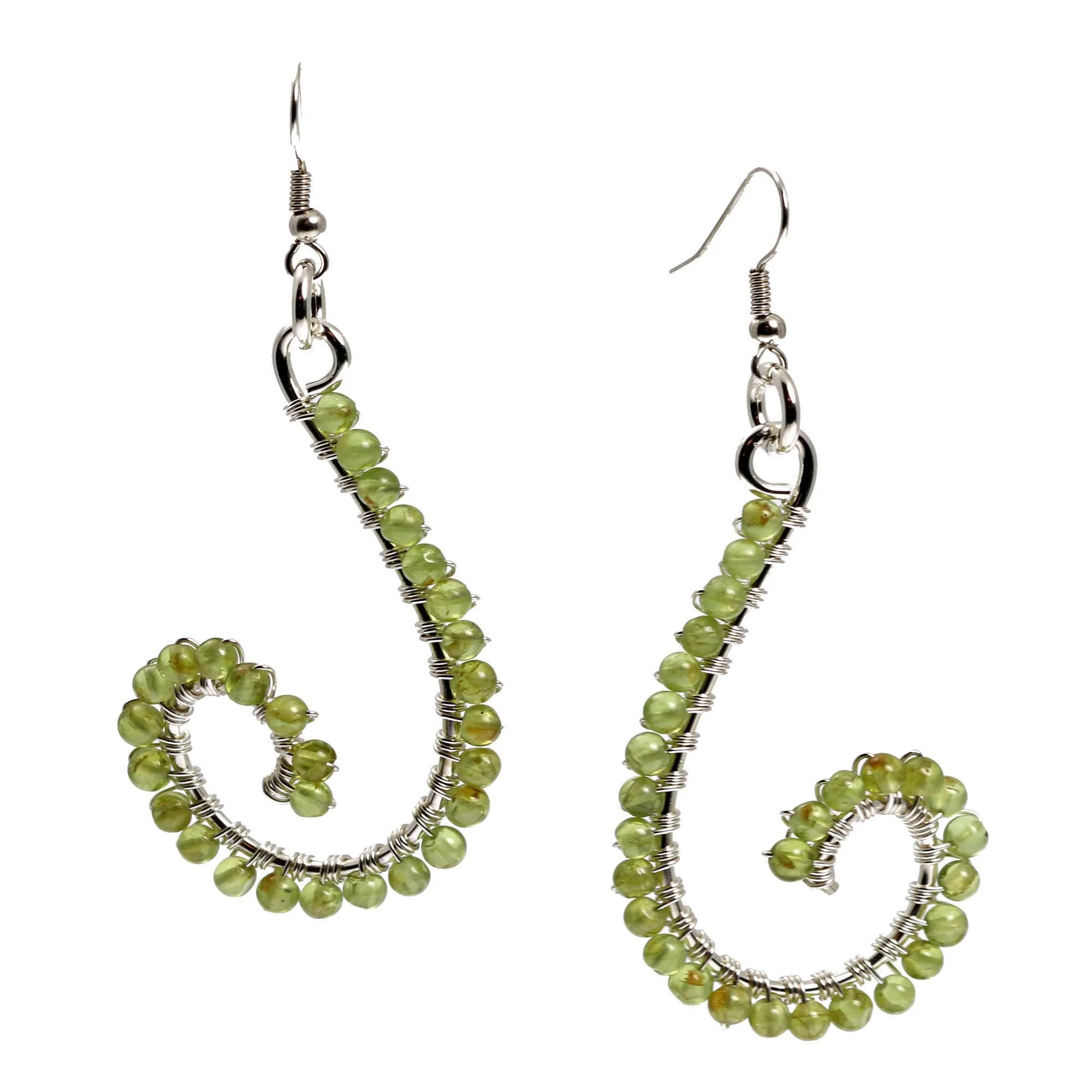 Peridot Wire Wrapped Sterling Silver Scroll Earrings