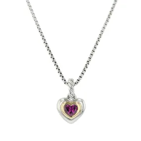 Petite Cable Heart Pendant Necklace in Sterling Silver with 14K Yellow Gold and Rhodolite Garnet